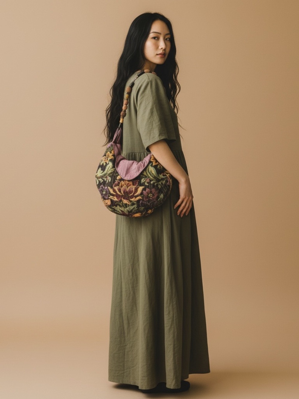 Floral Tapestry Hobo Shoulder Bag Beaded Strap Mauve Boho 17x15 - Picture 15 of 15